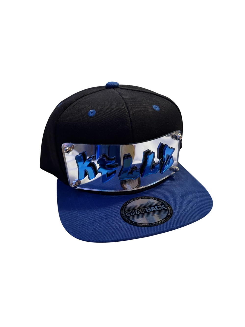 Custom Blue & Black Snapback Hat with Metallic 'Kellz' Plate